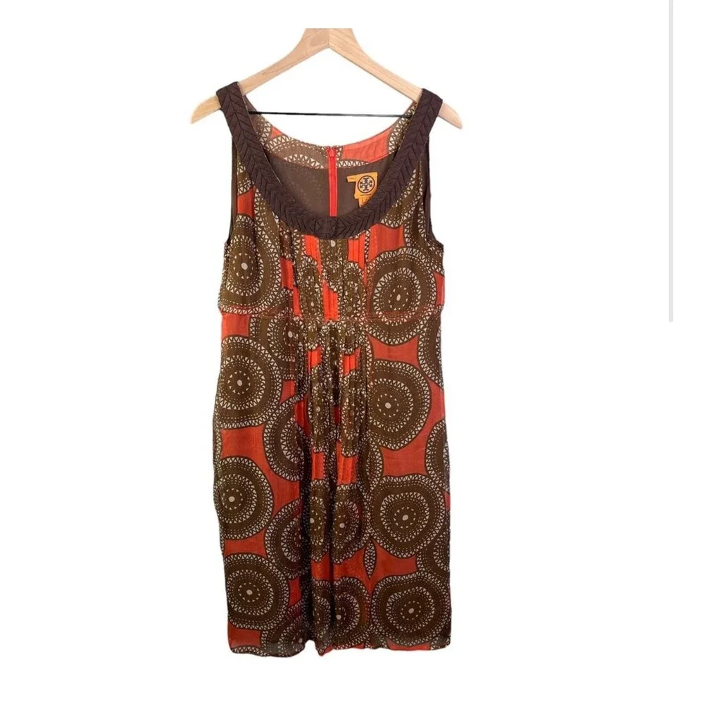 Tory Burch Silk‎ Medallion Print Sleeveless Dress Orange Brown Size 12